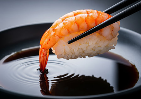 Dipping a Piece of Ebi Nigiri Sushi into Soy Sauce with Chopsticksの素材
