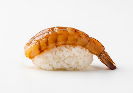 A Single Piece of Soy Marinated Shrimp Nigiri Sushi on a White Backgroundの素材