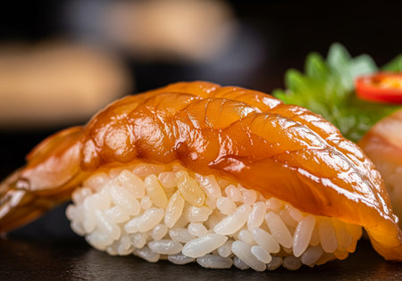An Extreme Close Up of a Soy Marinated Shrimp Nigiri Sushiの素材