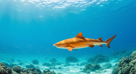 A Lone Orange Shark Swimming Over a Coral Reef in Blue Waterの素材