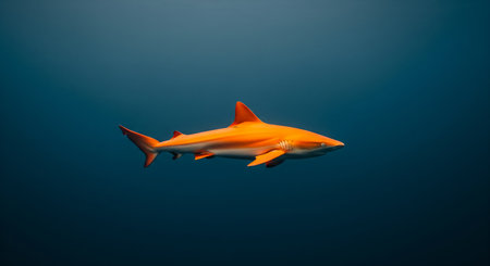 A Single Orange Shark Swimming Alone in the Deep Blue Oceanの素材