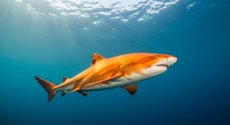 A Realistic Orange Shark Swimming in Sunlit Blue Ocean Waterの素材