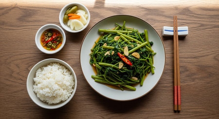 A Traditional Meal of Stir Fried Morning Glory with Rice and Picklesの素材