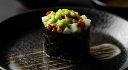 A dramatic, moody close up of a single Tako Wasabi Gunkan sushi with chopped octopus and a vibrant green wasabi paste, served on a dark, textured ceramic plateの素材