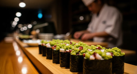 A Row of Tako Wasabi Gunkan Sushi on a Restaurant Counterの素材