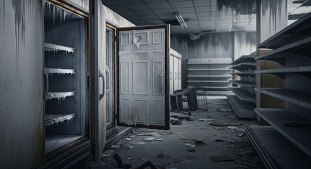 An Open, Icy Freezer in a Ruined and Abandoned Supermarketの素材
