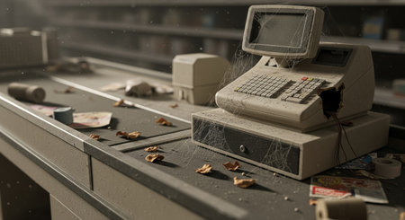 A Close Up of a Dusty, Cobweb Covered Cash Registerの素材