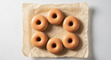 A Top Down View of Six Glazed Donuts on Parchment Paperの素材