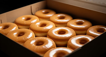 A Dozen Freshly Glazed Donuts in a Cardboard Boxの素材