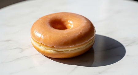 A Single Glazed Donut on a White Marble Table in Sunlightの素材
