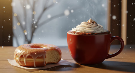 A Donut and Hot Chocolate in a Cozy Winter Sceneの素材