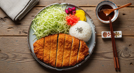 Traditional Pork Cutlet Meal with Rice, Salad, and Pickled Vegetablesの素材