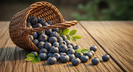 Fresh Blueberries in Wicker Basket on Wooden Tableの素材