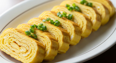 Japanese omelet stuffed with green onions on white plate close upの素材