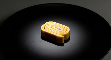 Butter curl on a black plate, isolated on black background.の素材