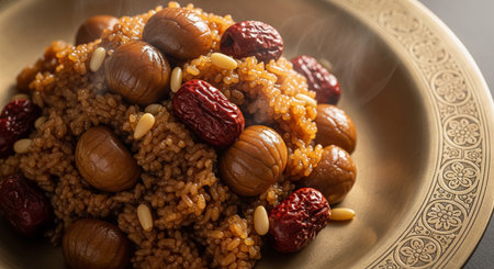bulgur with nuts and dried cranberries in copper plate, closeupの素材