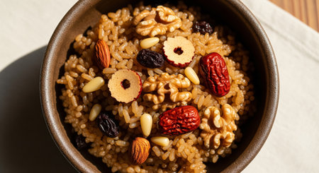 Bowl of oatmeal with nuts, raises and datesの素材