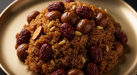 close up of a bowl of oriental pilaf with nuts and datesの素材