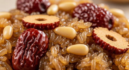 Close-up of raises and dates on brown rice.の素材