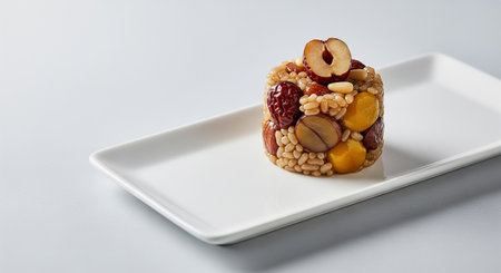 Oatmeal with nuts and dried fruits on a white plate on white backgroundの素材