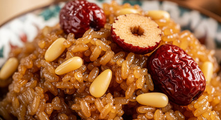 close up of a bowl of risotto with almonds and cranberriesの素材