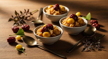 Millet porridge with raisins and cranberries in ceramic bowlsの素材
