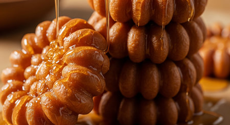 Honey dripping from caramel candies on wooden table, closeupの素材