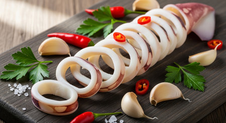 Sliced squid rings with spices and herbs on a cutting boardの素材