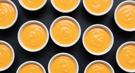 Creamy pumpkin soup in small bowls on black background, top viewの素材