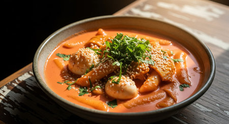 Prawns in a spicy tomato sauce on a wooden table.の素材