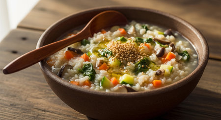 Wooden bowl of rice porridge with carrots, zucchini, spinach, mushrooms, and sesame seed toppingの素材