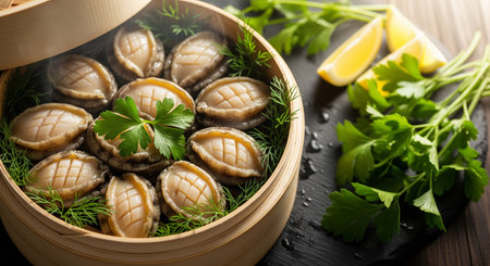 Abalone with decorative cuts arranged in a bamboo steamer, garnished with parsley and dill, served with lemon wedges on a black slate plateの素材