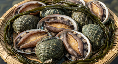 Close up of raw abalone and sea snails placed in a woven basket with seaweed, freshly harvested from the oceanの素材