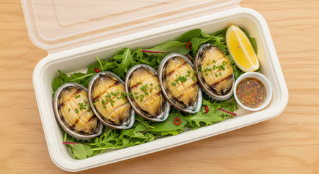 Baked mackerels with lettuce and lemon in lunch boxの素材