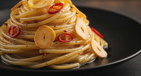 Spaghetti with chili pepper and olive oil on black plate, closeupの素材