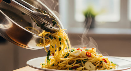 chef cooking spaghetti in the kitchen, closeup of a restaurant kitchenの素材