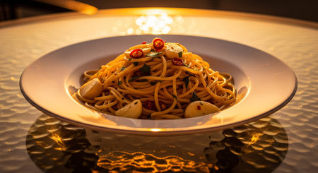 Spaghetti with chilli and garlic on the table in restaurant.の素材