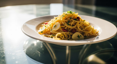 Spaghetti carbonara on the table in a restaurant, selective focusの素材
