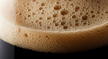 close up of beer foam in a dark beer tankard on a black backgroundの素材