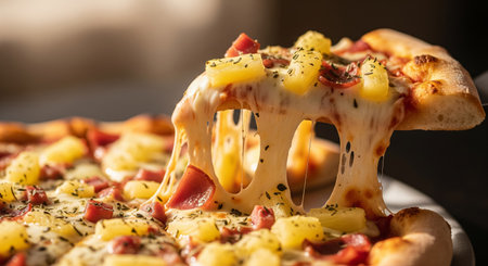 Pizza with ham, pineapple and mozzarella on wooden tableの素材