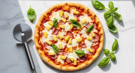 Pizza with pineapple, mozzarella and ham on white marble backgroundの素材