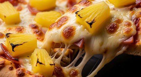 Pizza with pineapple and mozzarella cheese on a black backgroundの素材