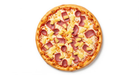 Pizza with ham, pineapple and cheese isolated on white background.の素材