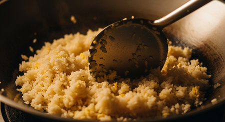 Cooking rice in a frying pan with a spoon, close-upの素材