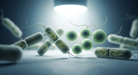 3D microscopic render of green bacteria cells with visible flagella and internal structures illuminated by laboratory lightの素材