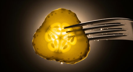 Cucumber slice on a fork isolated on black background. 3D illustration.の素材