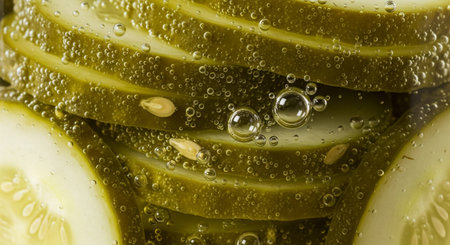 Cucumber slices with oil and seeds in water, close upの素材