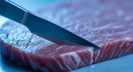Close up of a knife cutting a piece of raw tuna steak.の素材