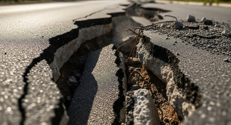 Broken asphalt road with cracks in the middle of the road.の素材