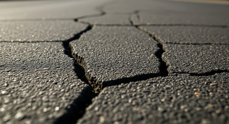 Close up of a cracked asphalt road surface. Shallow depth of field.の素材